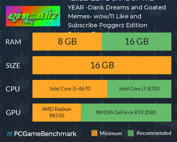 420BLAZEIT 2: GAME OF THE YEAR -=Dank Dreams and Goated Memes=- [#wow/11 Like and Subscribe] Poggerz Edition System Requirements PC Graph - Can I Run 420BLAZEIT 2: GAME OF THE YEAR -=Dank Dreams and Goated Memes=- [#wow/11 Like and Subscribe] Poggerz Edition