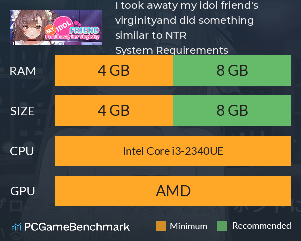 I took awaty my idol friend's virginity,and did something similar to NTR. System Requirements PC Graph - Can I Run I took awaty my idol friend's virginity,and did something similar to NTR.