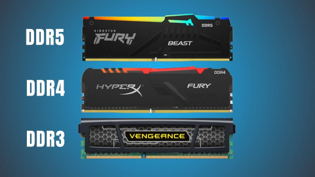 Image of DDR5, DDR4, and DDR3 RAM side by side to demonstrate difference in pin layout.