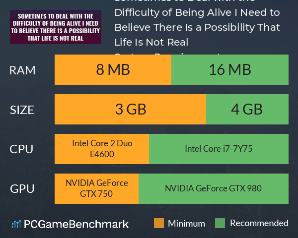 Sometimes to Deal with the Difficulty of Being Alive, I Need to Believe There Is a Possibility That Life Is Not Real. System Requirements PC Graph - Can I Run Sometimes to Deal with the Difficulty of Being Alive, I Need to Believe There Is a Possibility That Life Is Not Real.